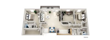 a 3d floor plan of a house with a bedroom and a living room